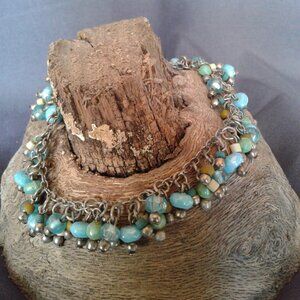 Vintage 80's  Ankle  Bracelet  Teal, Tan, Blues and Silver Tones